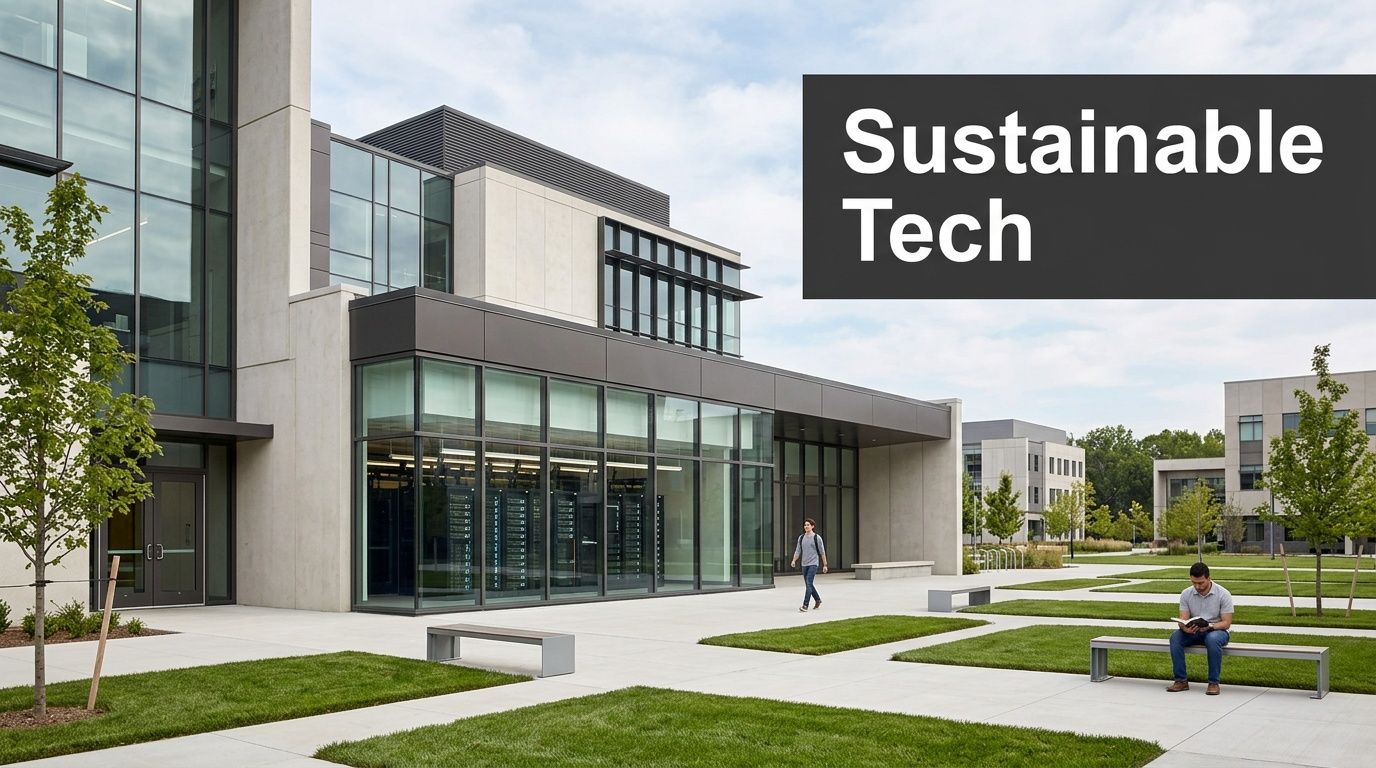 A modern campus building with large glass windows and students walking and sitting on a sunny day.