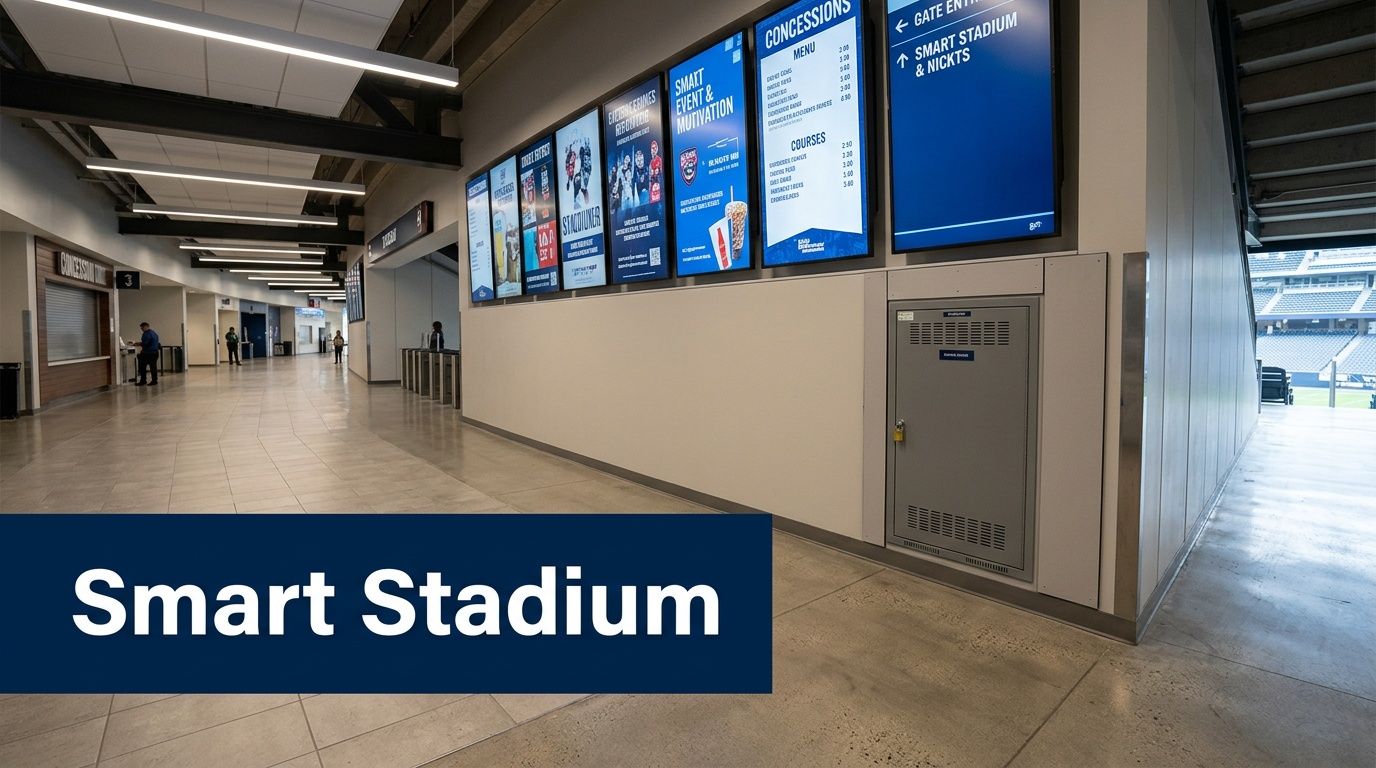 A clean, modern stadium interior hallway with digital menu boards and signs leading to seating areas.