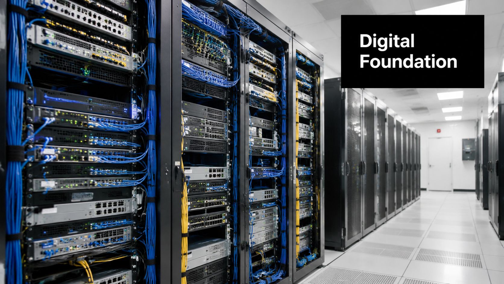 A brightly lit server room featuring rows of network racks filled with active server hardware equipment.
