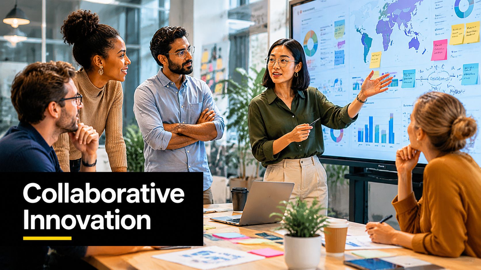 A diverse team of professionals collaborating around a digital screen during a business strategy meeting.