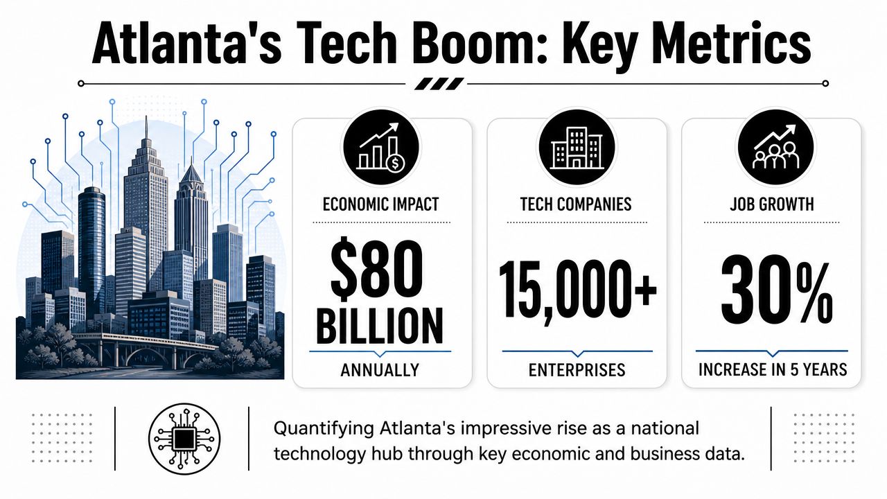 An infographic titled Atlanta's Tech Boom detailing economic impact, number of tech companies, and job growth statistics.