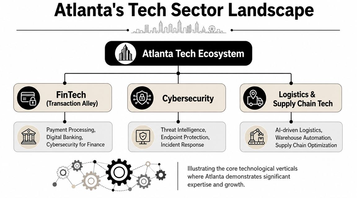 A diagram illustrating Atlanta's core tech sector verticals, including FinTech, Cybersecurity, and Logistics & Supply Chain Tech.