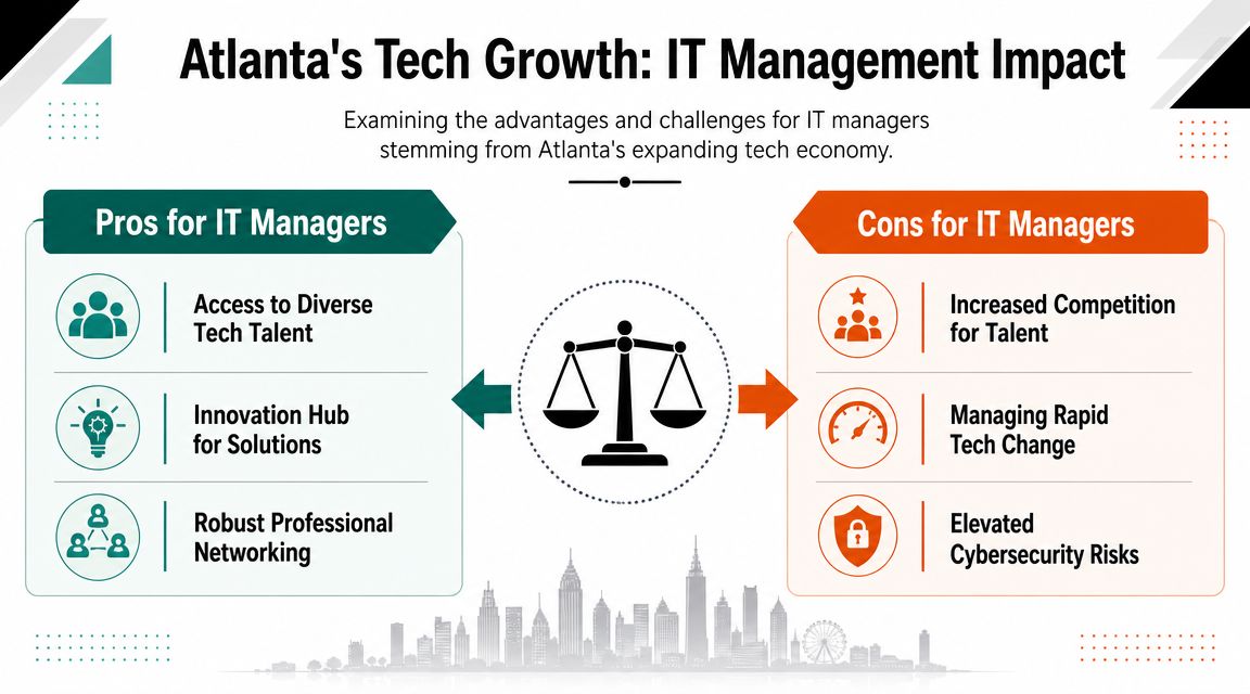 An infographic titled Atlanta's Tech Growth illustrating the pros and cons of the city's expanding tech economy for IT managers.