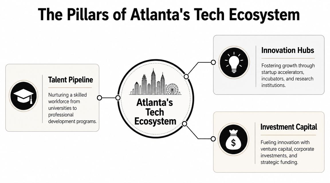 A diagram illustrating the three main pillars supporting Atlanta's technology ecosystem, including talent, innovation, and capital.