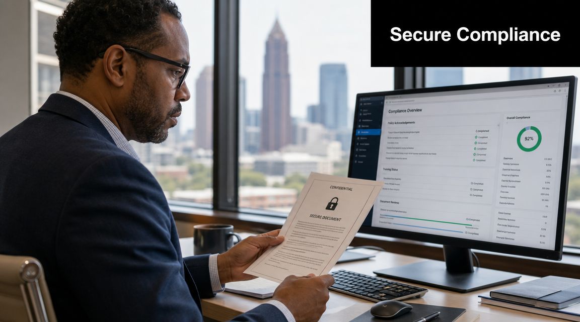 A professional man reviewing a secure document while monitoring compliance data on a computer in an office.