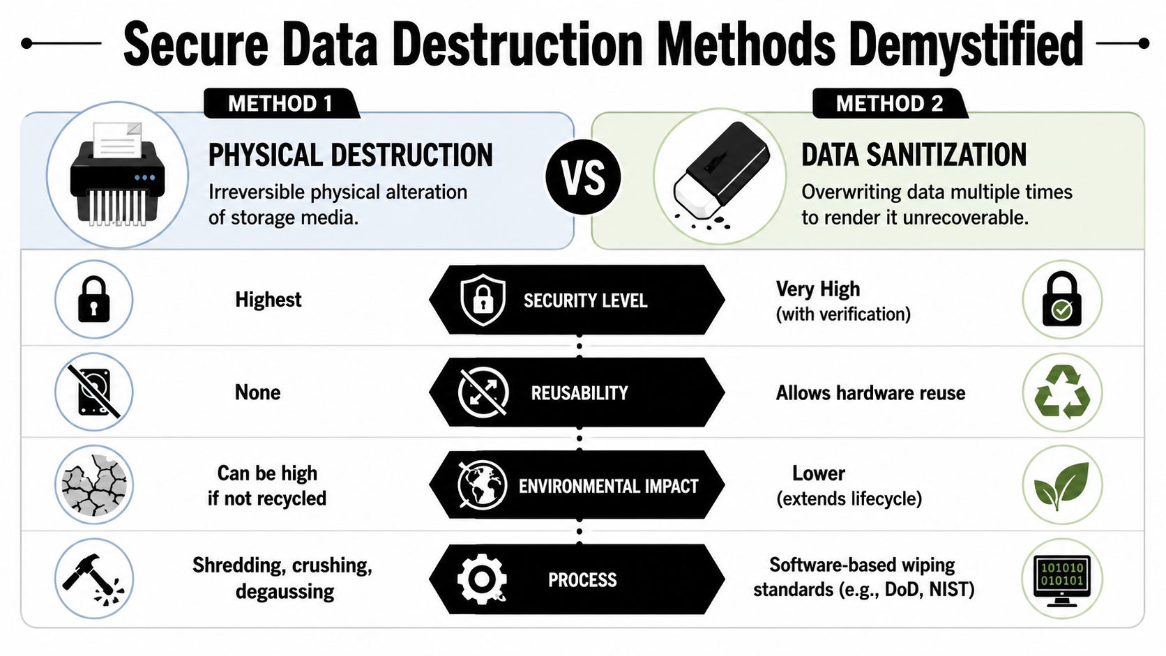 A comparison infographic showing physical data destruction versus digital data sanitization methods for secure information disposal.