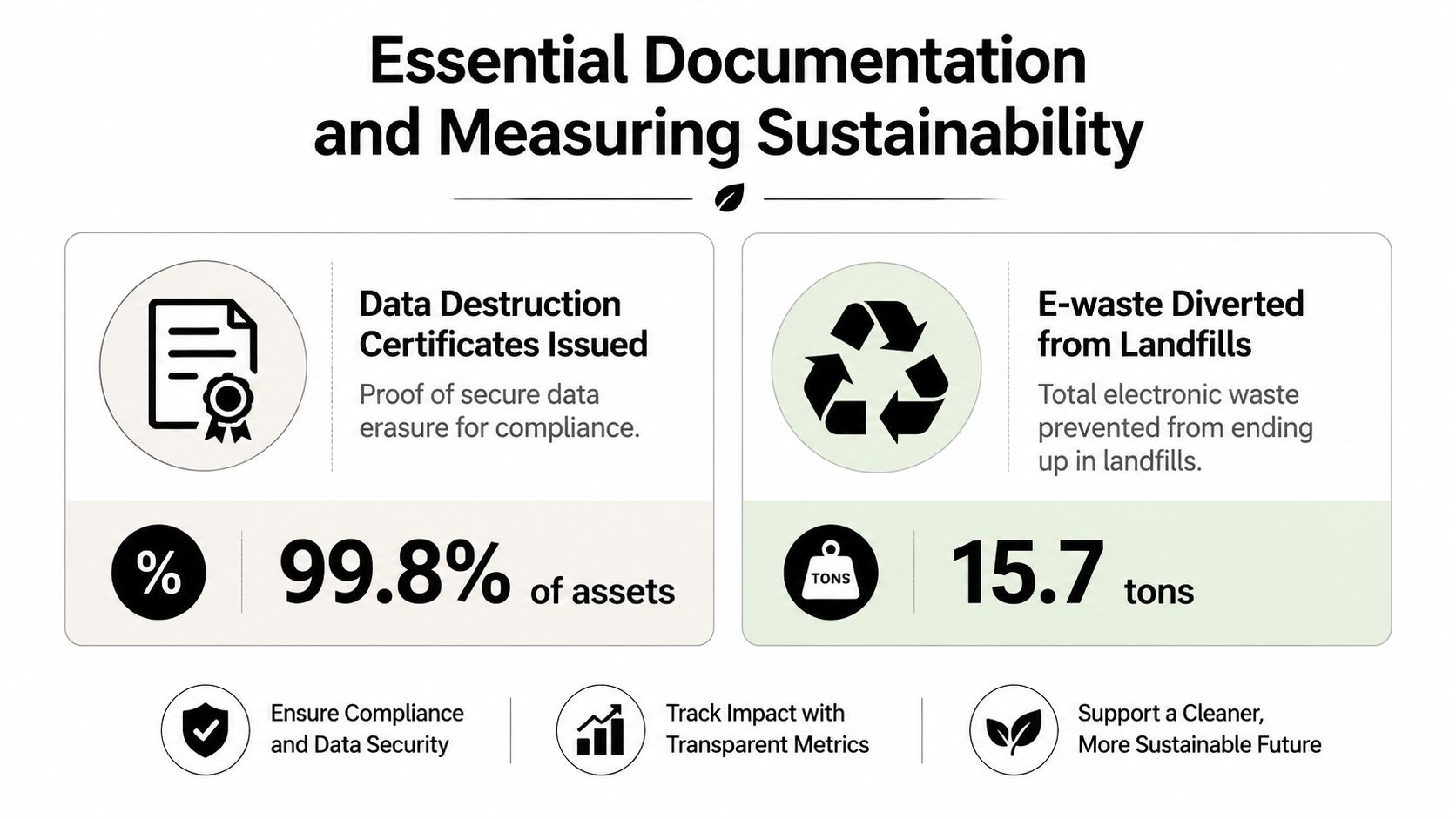 An infographic titled Essential Documentation and Measuring Sustainability illustrating data destruction compliance and e-waste landfill diversion metrics.