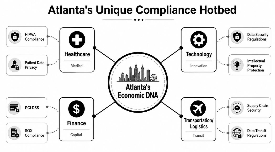 A diagram illustrating Atlanta's economic pillars and their corresponding regulatory compliance sectors in healthcare, finance, technology, and logistics.