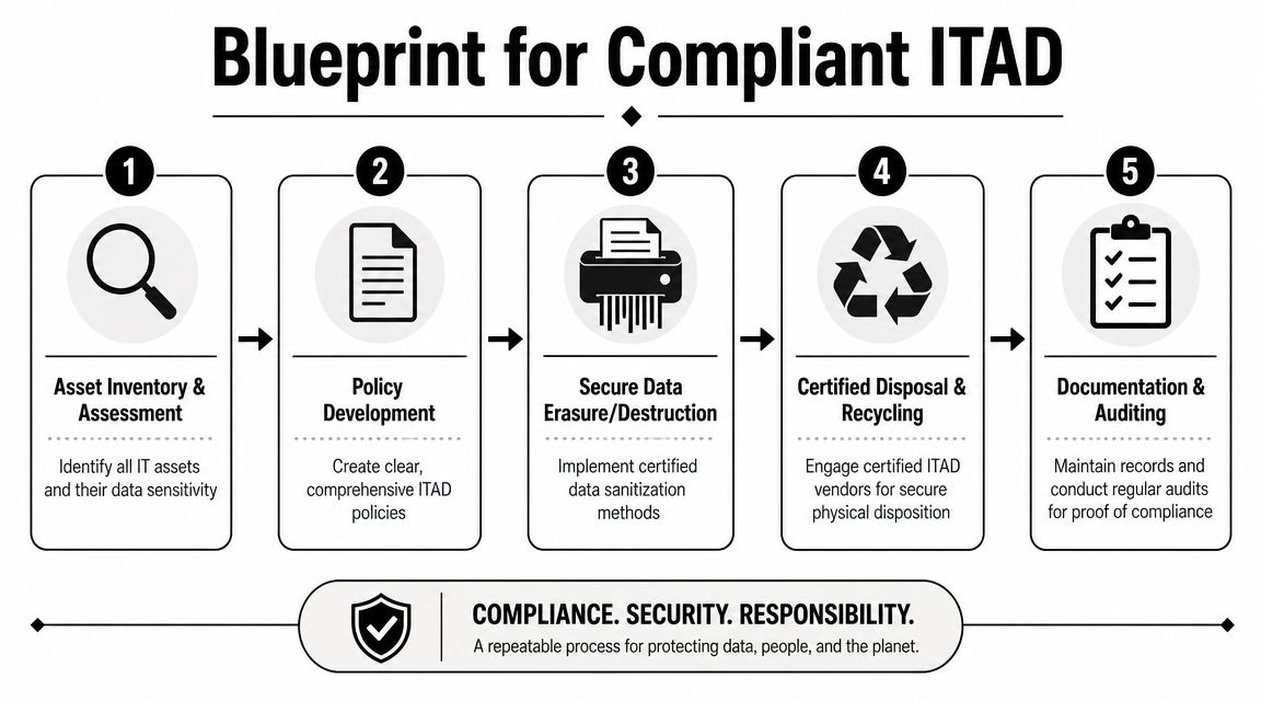 A five-step blueprint for compliant ITAD showing the process from asset inventory to auditing and documentation.