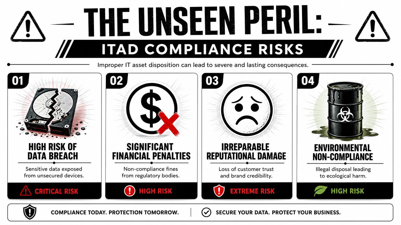 An infographic detailing four major compliance risks associated with improper IT asset disposition and data management.