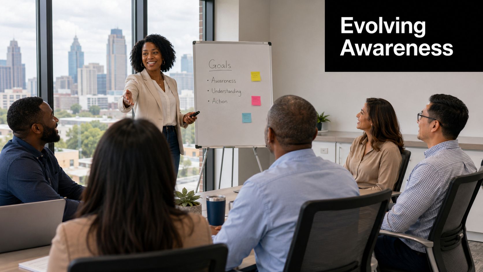 A professional woman presenting business goals to her diverse team in a bright modern office in Atlanta.