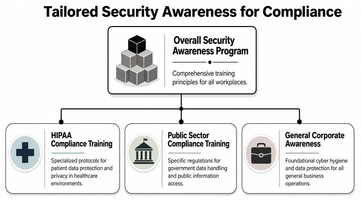 A diagram illustrating a tailored security awareness program for healthcare, public sector, and general corporate environments.