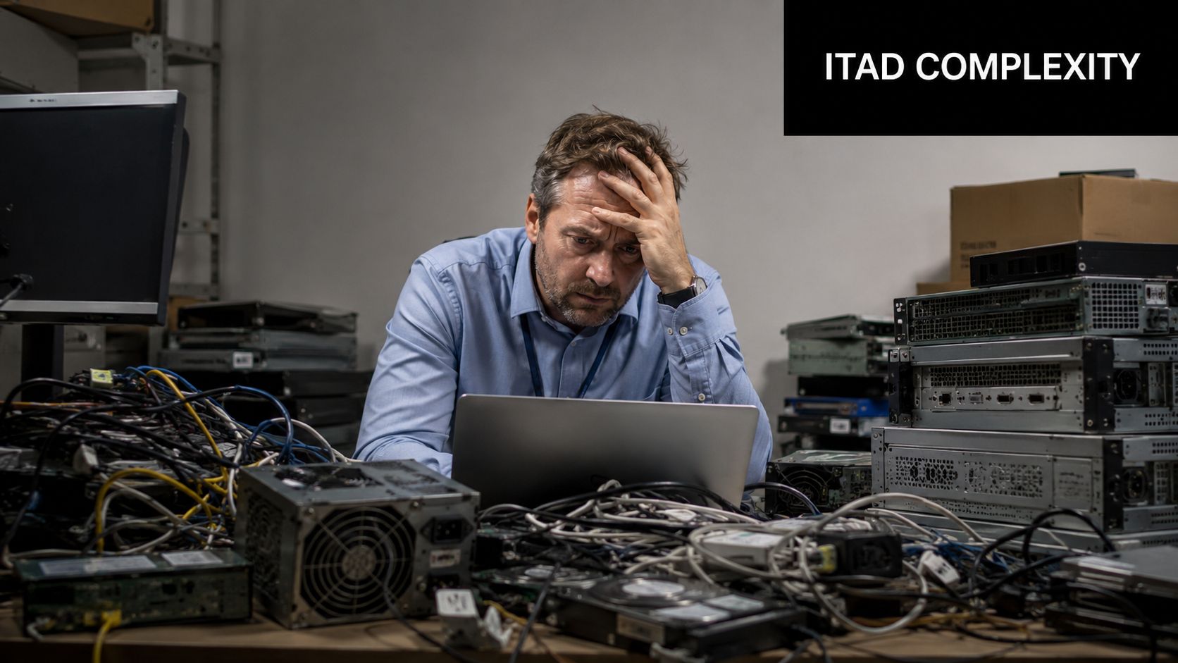 A stressed IT professional looking at a laptop amidst a disorganized pile of computer hardware and cables.